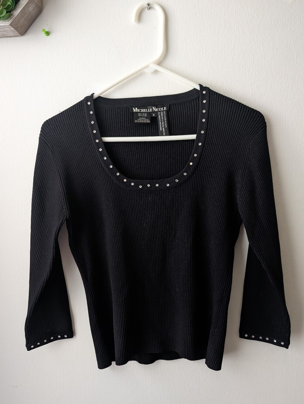 Michelle Nicole Black Ribbed Scoop-Neck Top with Embellishments